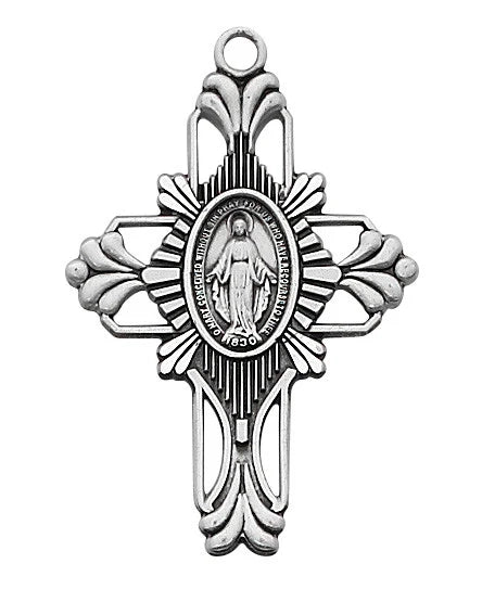 Silver cross pendant with religious figure in the center on a white background
