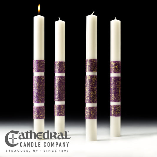 Four white candles with purple bands on a black background, featuring the Cathedral Candle Company logo.