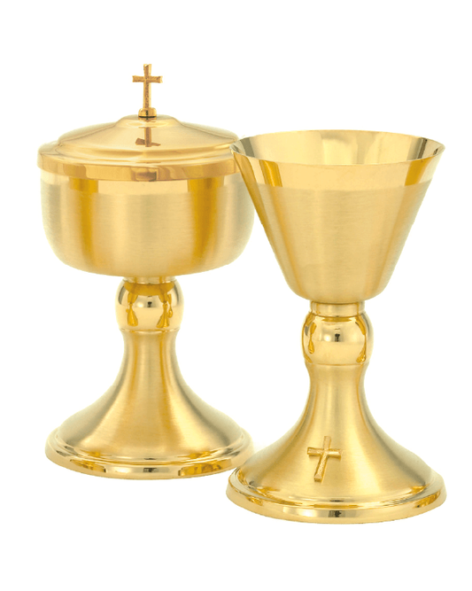 24K Gold-Plated Satin Finish Chalice and Paten Set with Cross Accent