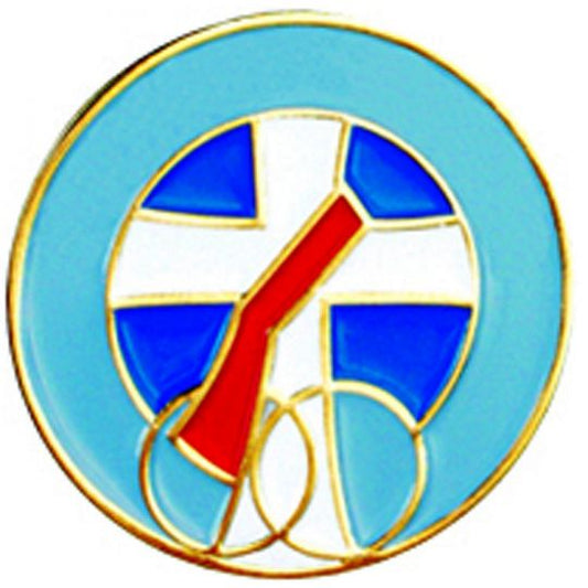 Circular emblem with blue, red, and white design on a light blue background