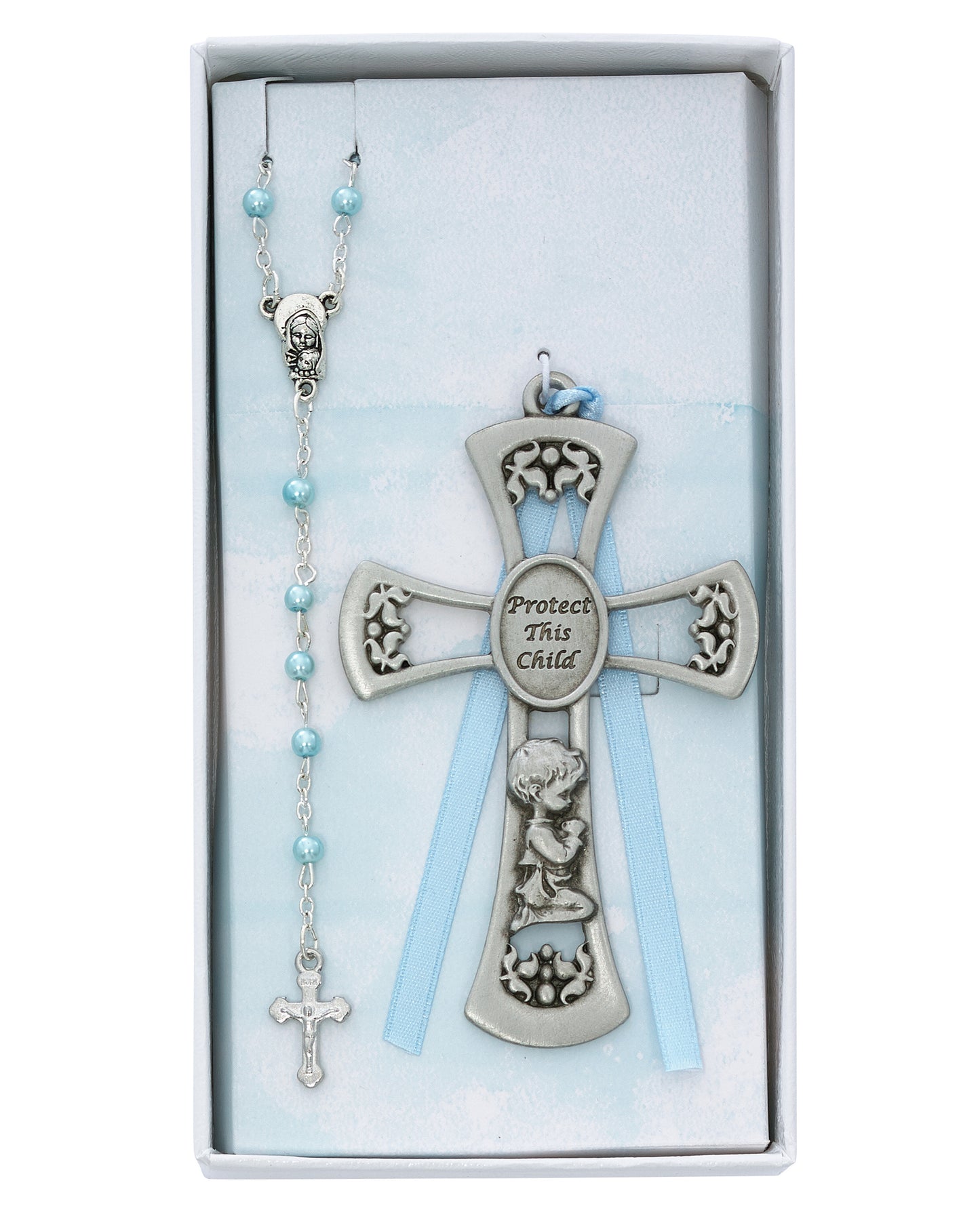 Pewter Cross and Rosary Set: Protect This Child
