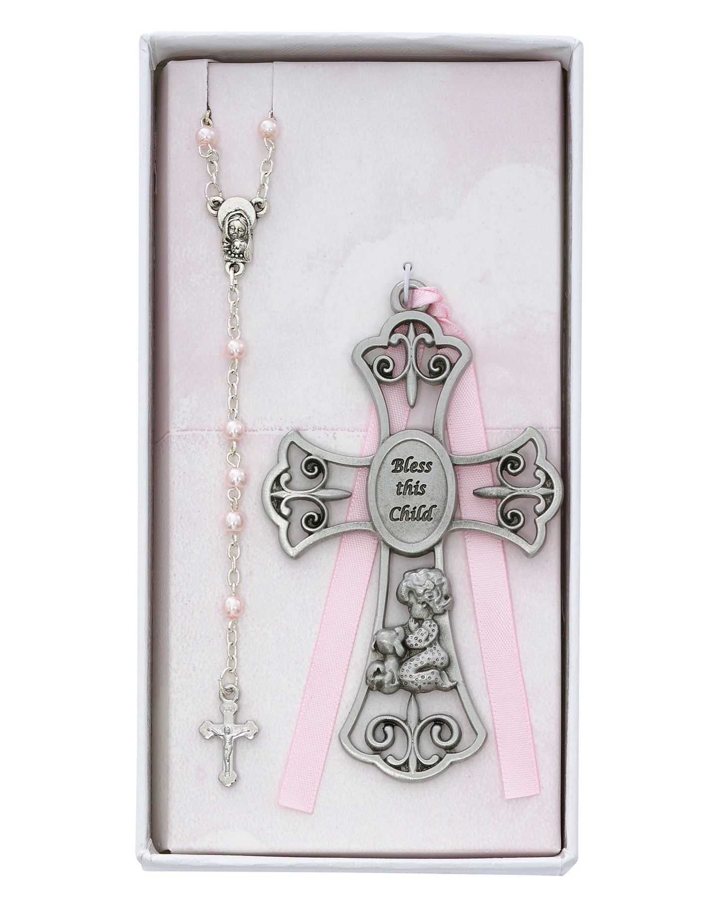 Pewter Cross and Rosary Set: Bless This Child