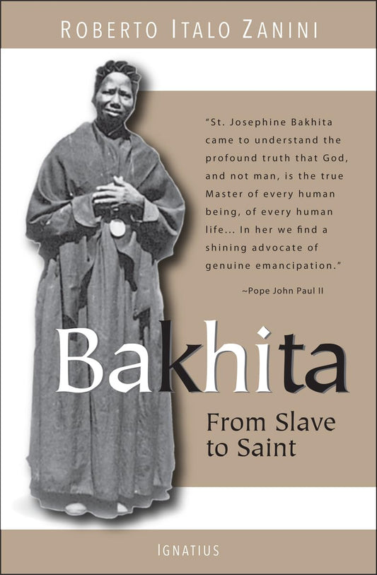 Book cover of 'Bakhita: From Slave to Saint' with a portrait of a woman on a beige background.