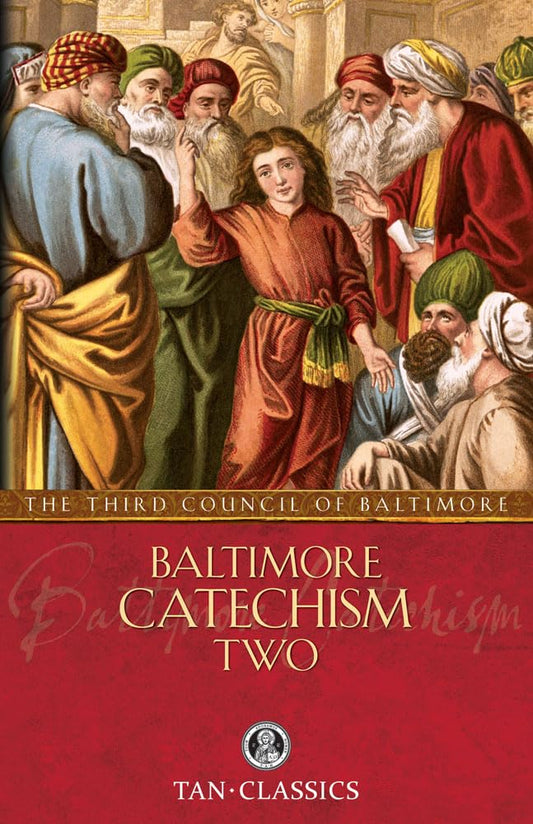Cover of 'Baltimore Catechism Two' with illustrated scene and red background