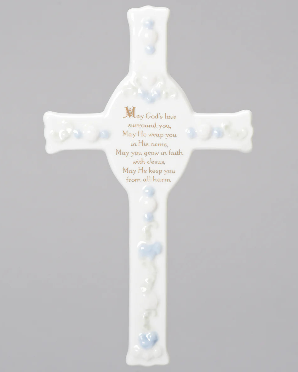 Decorative cross with prayer text on a gray background