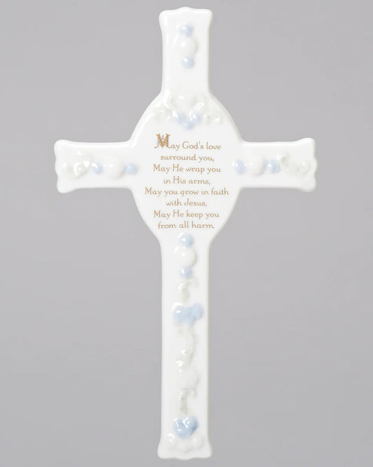 Decorative cross with prayer text on a gray background