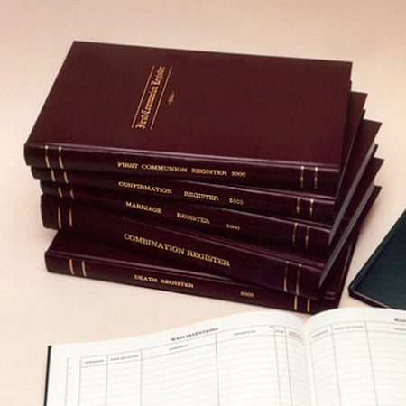 Set of religious registers with an open register book on a light background
