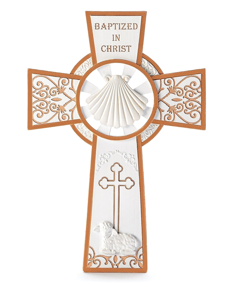 Decorative cross with 'Baptized in Christ' text on a white background