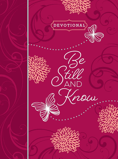 Pink devotional book cover with floral and butterfly designs and 'Be Still and Know' text.