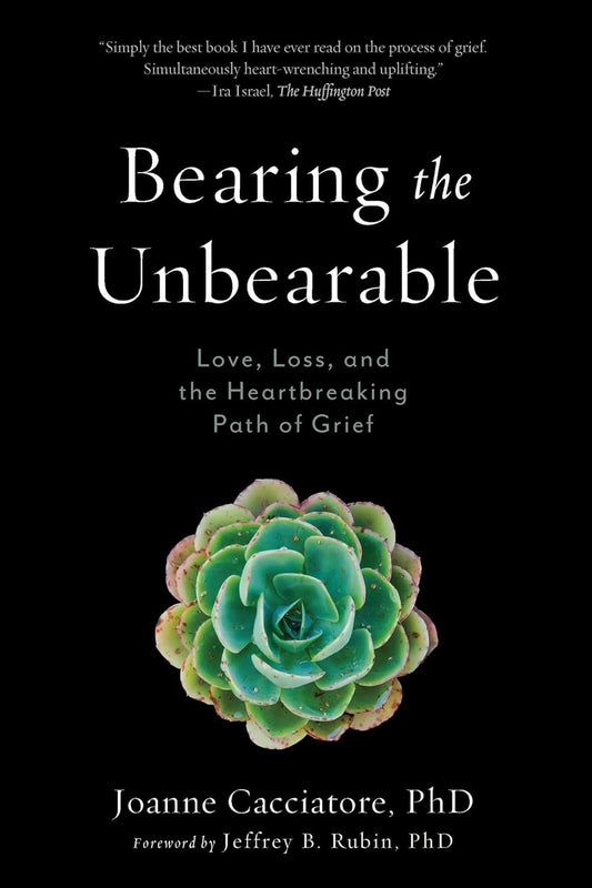 Book cover of 'Bearing the Unbearable' with a succulent plant on a black background