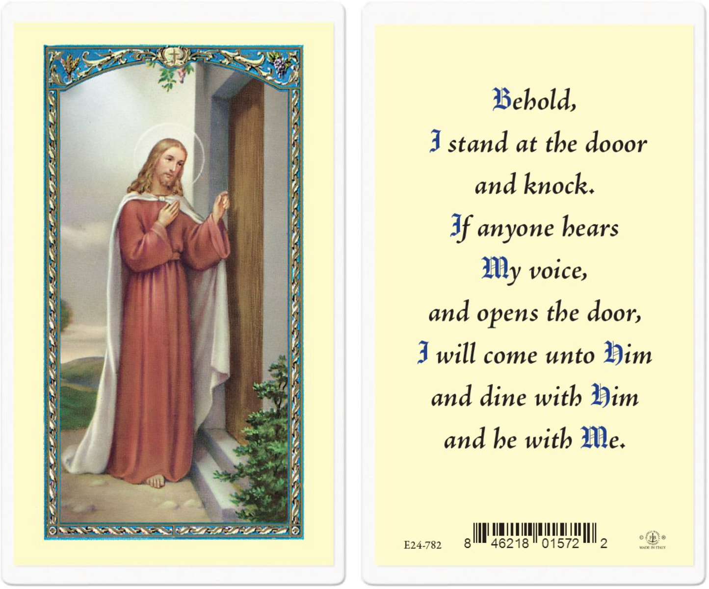 Religious card with a depiction of a robed figure at a door and text on a yellow background