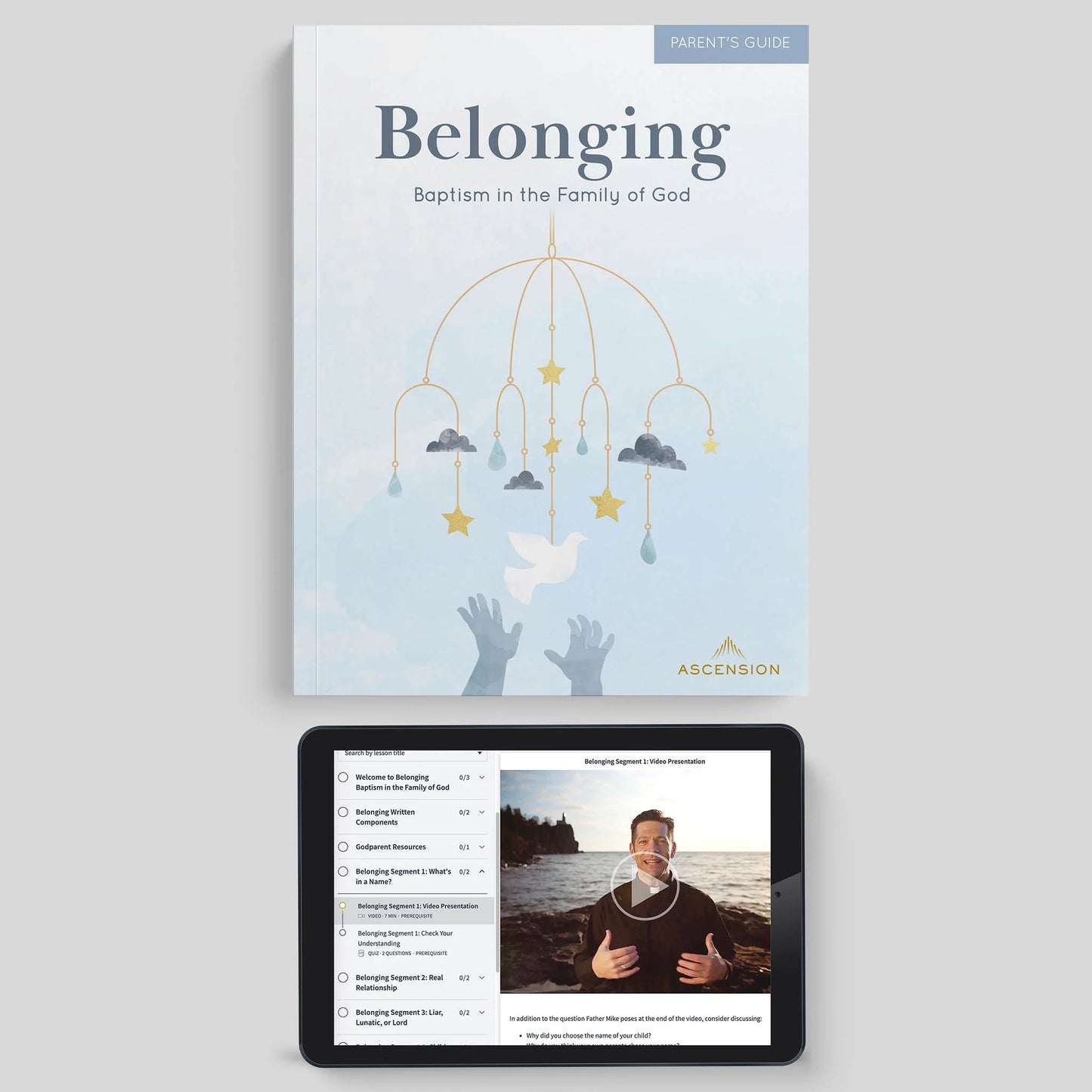 Book titled 'Belonging: Baptism in the Family of God' by Ascension on a gray background with an tablet displaying a video.