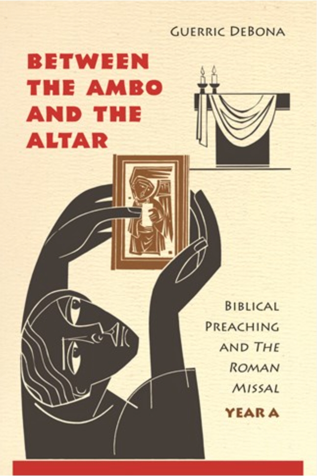 Book cover of 'Between the Ambo and the Altar: Biblical Preaching and the Roman Missal Year A' featuring a stylized illustration of a person holding a book, with elements of liturgical vestments and a chalice.