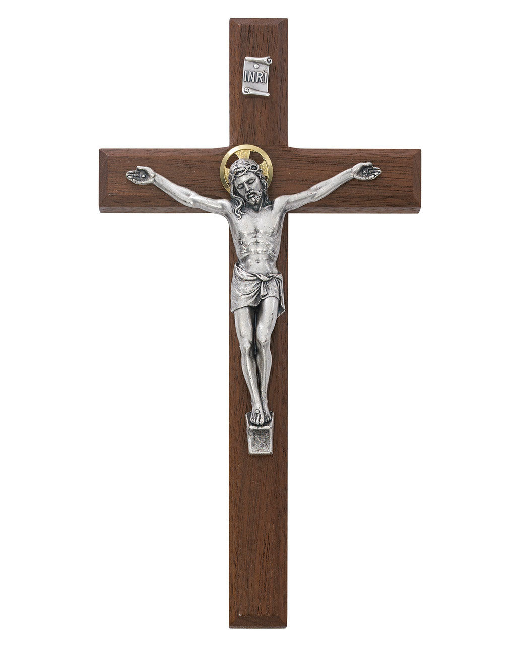 Wooden cross with silver Jesus figure on a white background