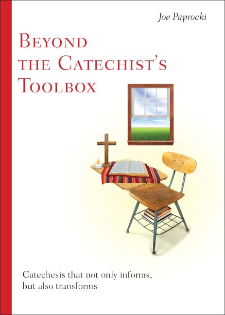 Book cover of 'Beyond the Catechist's Toolbox' with a red spine and image of a classroom setting.