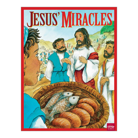Illustrated book cover of 'Jesus' Miracles' with a basket of bread and fish.