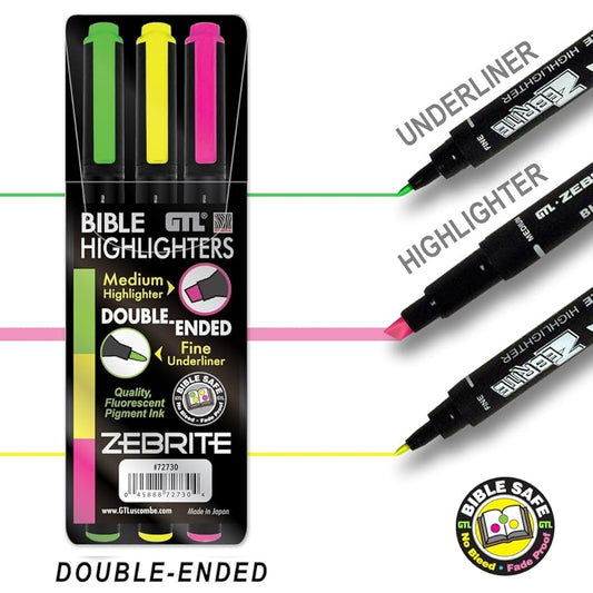 Bible highlighters with packaging and color swatches on a white background