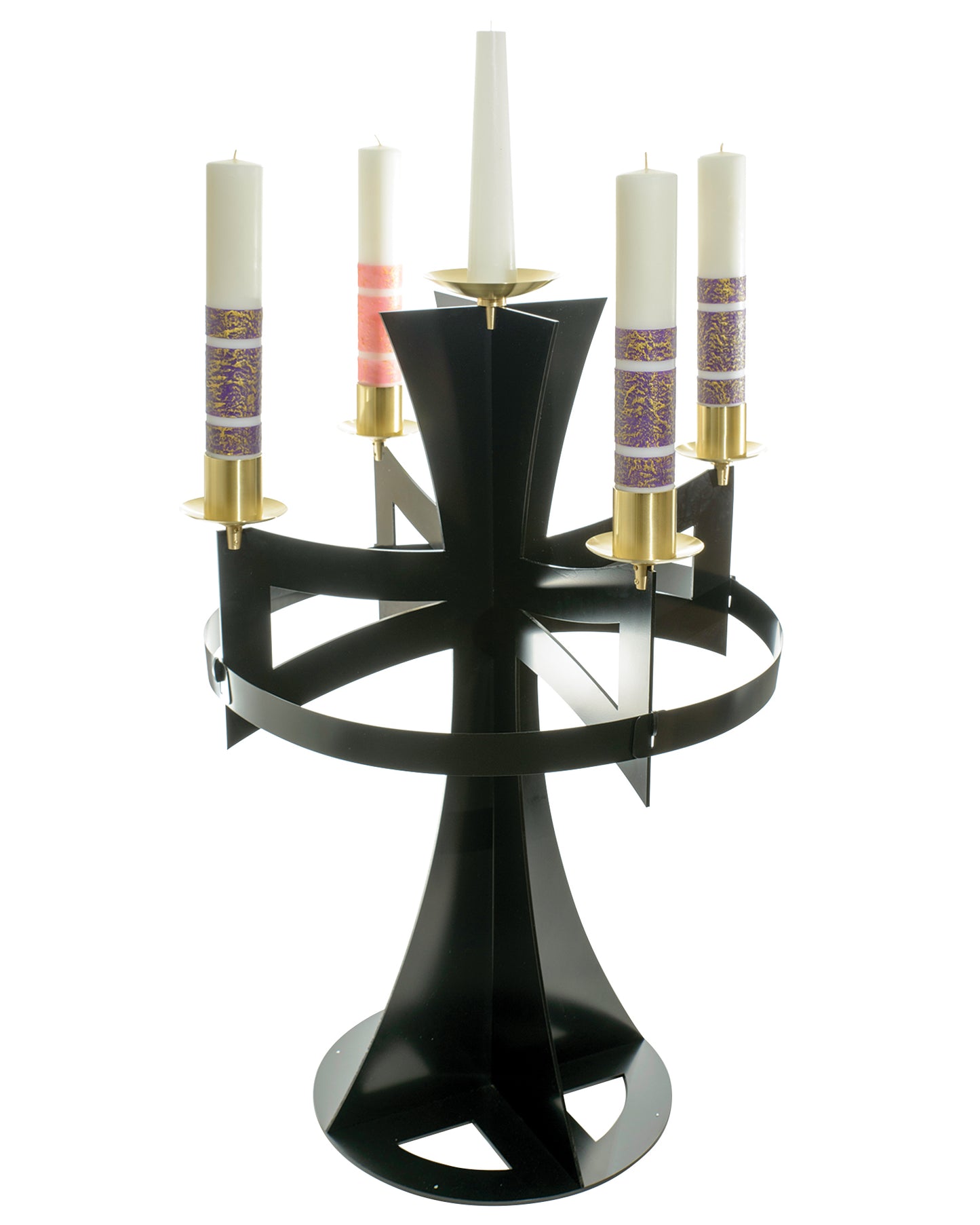 Black candelabrum with candles on a white background