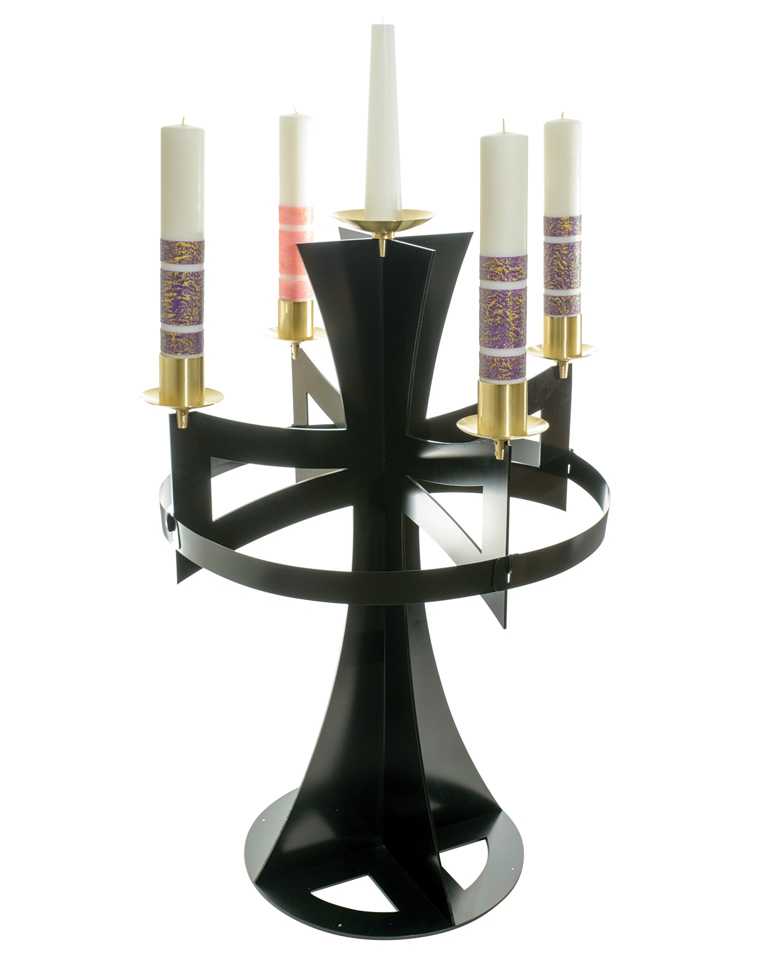 Black candelabrum with candles on a white background