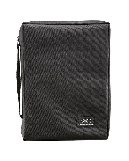 Black bible cover with a visible Catholic fish symbol on a white background