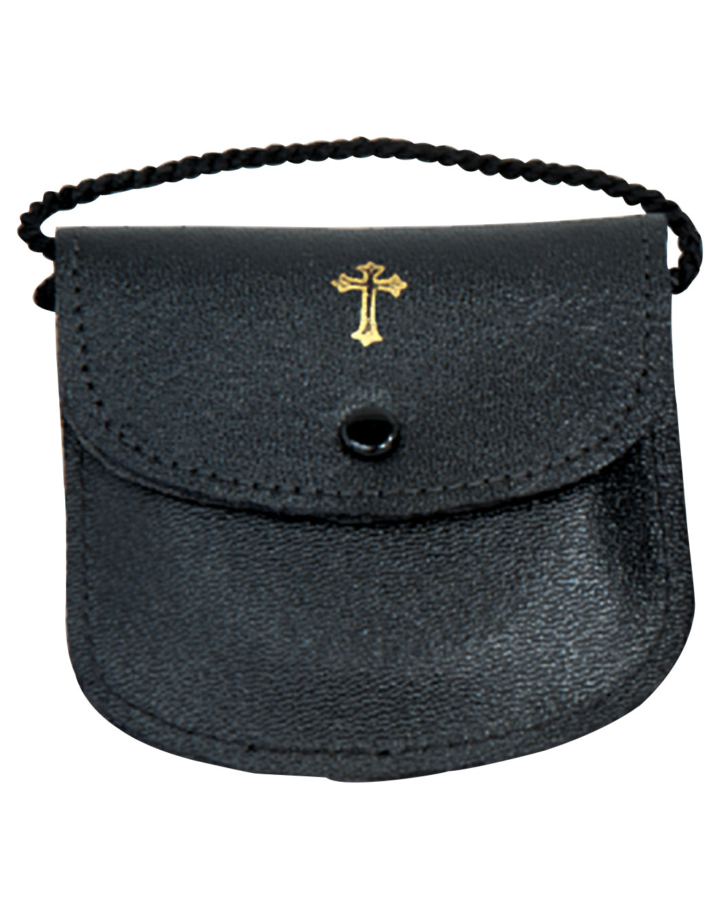 Black leather pouch with a gold cross on a white background