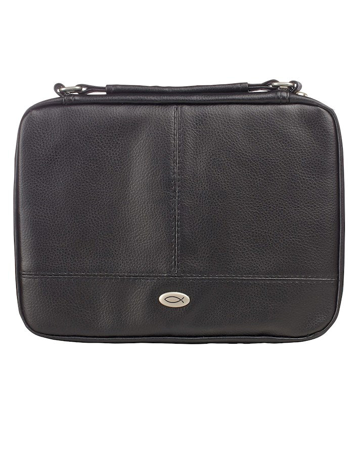 Black leatherette bible or book cover with a visible Catholic fish symbol on a white background