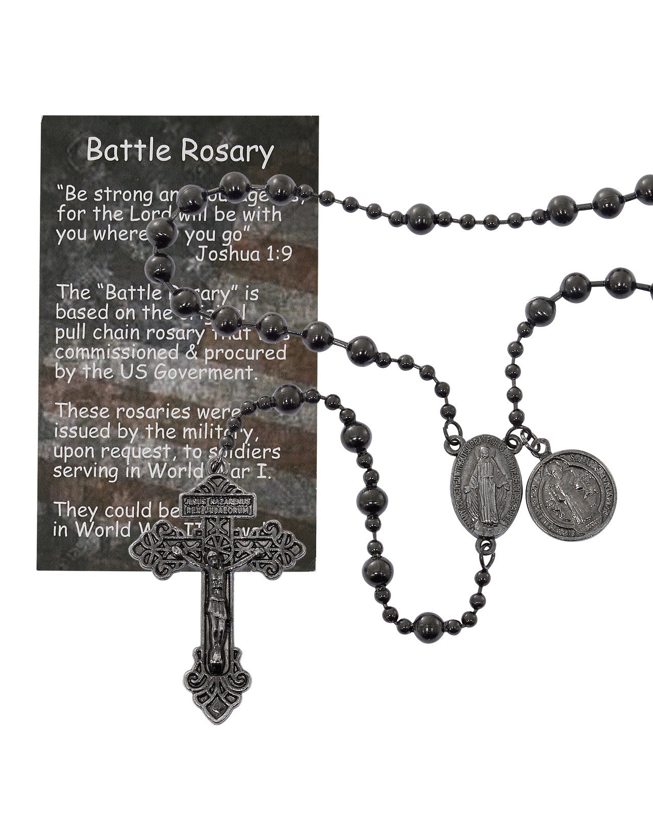 Black rosary with detailed text on a white background