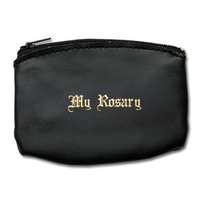 Black pouch with 'My Rosary' embroidery on a white background