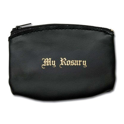 Black pouch with 'My Rosary' embroidery on a white background