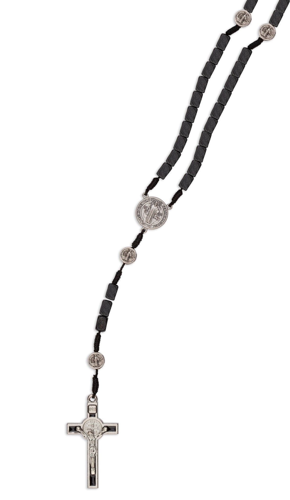 A black wood bead St. Benedict Rosary with metal accents and a metal cross.