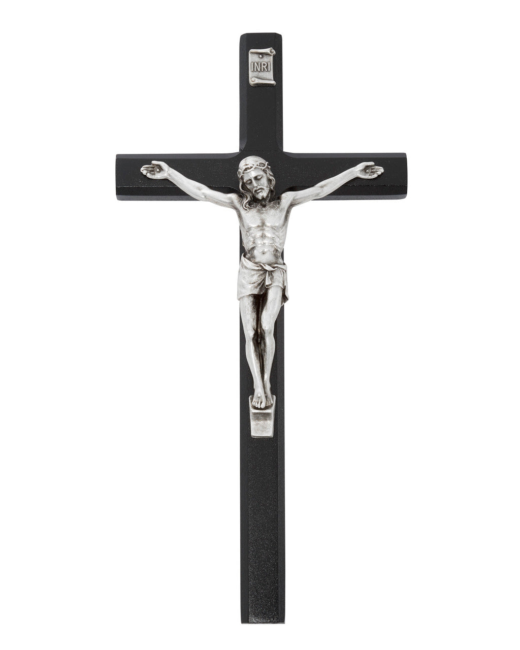 Black crucifix with silver Jesus figure on a white background