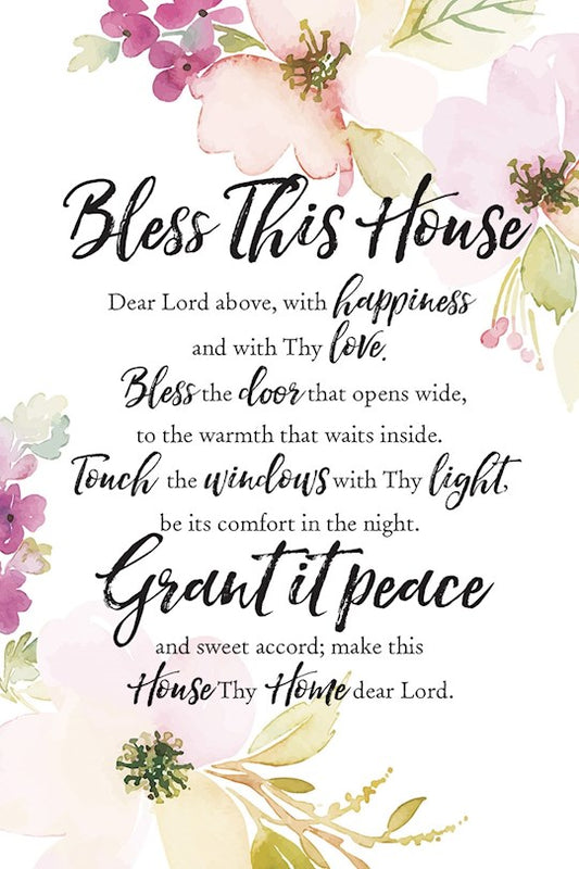 A plaque with a floral pattern and a religious text that reads 'Bless This House Dear Lord above, with happiness and with thy Love.'.