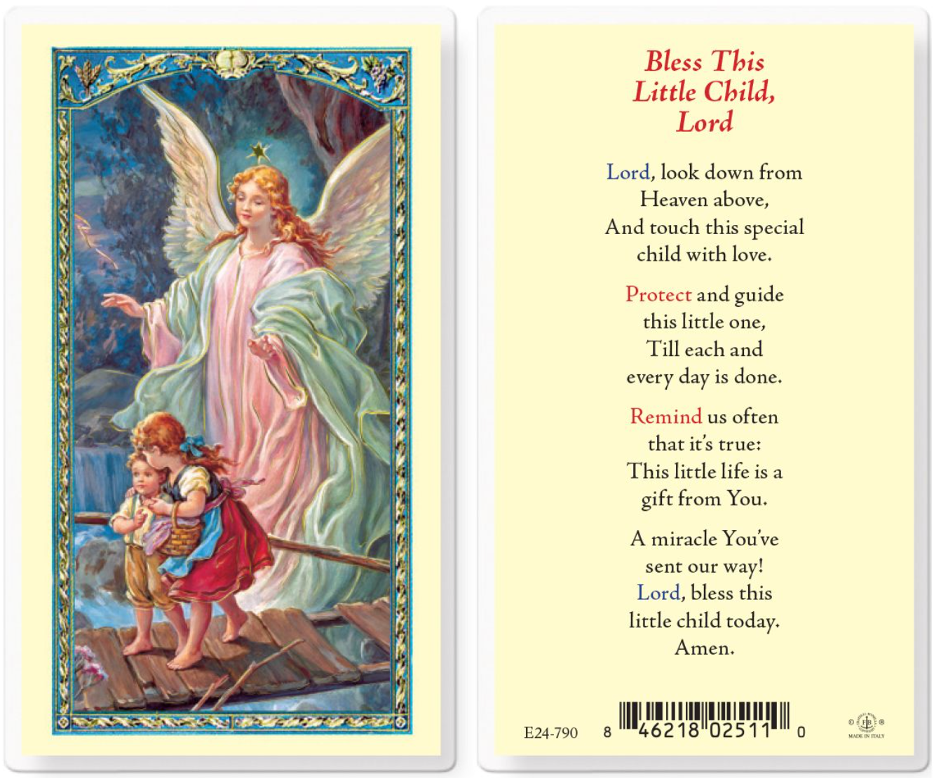 Card with an angel and child illustration and prayer text on a yellow background