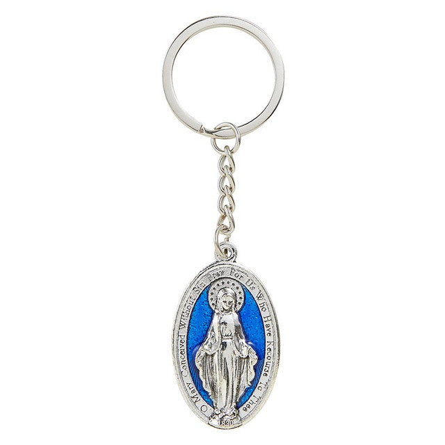 Keychain with religious pendant featuring a blue background and silver details on a white background