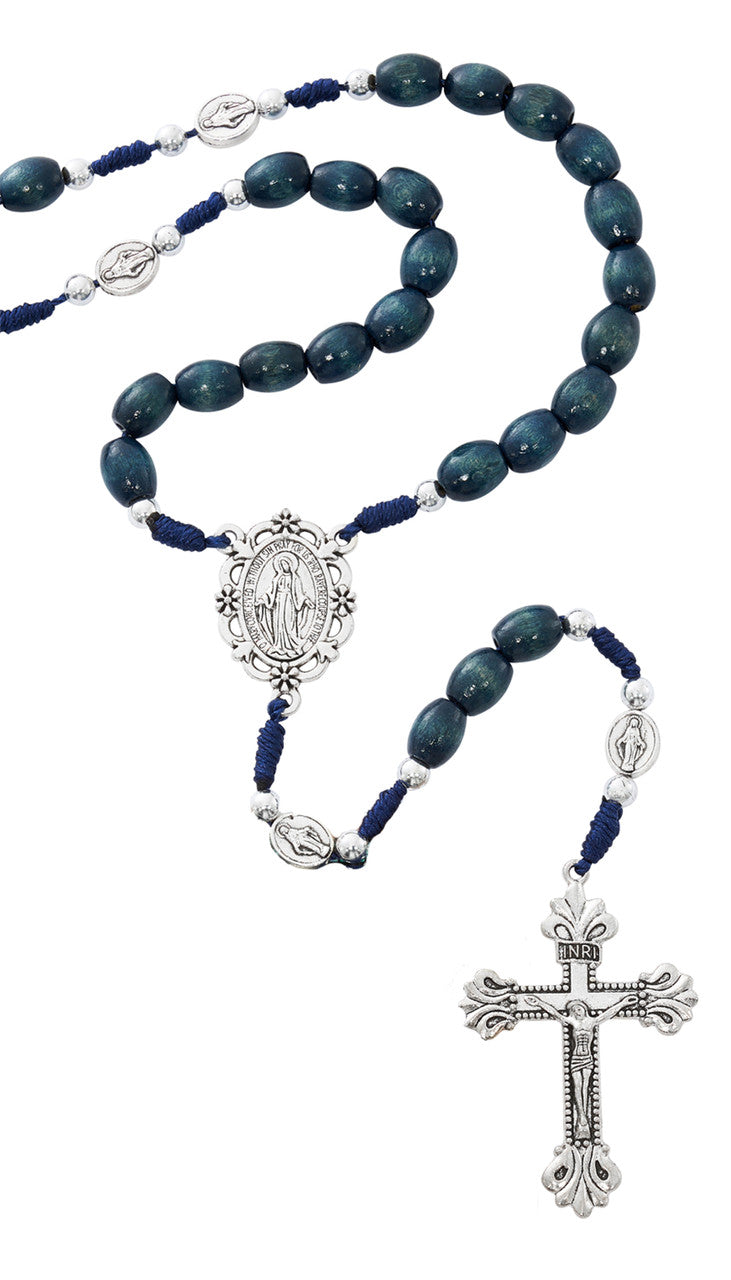 Blue rosary with silver cross and medal on a white background