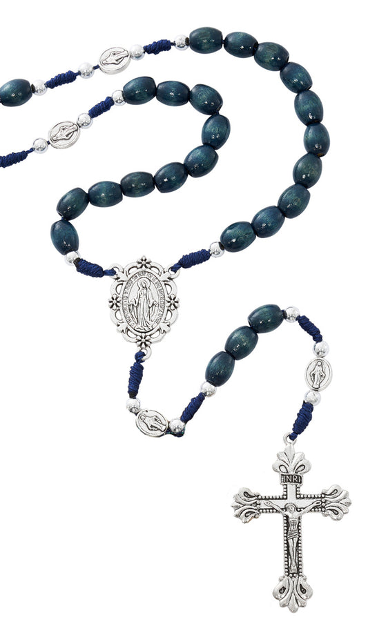 Blue rosary with silver cross and medal on a white background