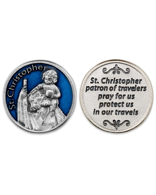 Two sides of a St. Christopher medal with an image of a child and text on a white background.