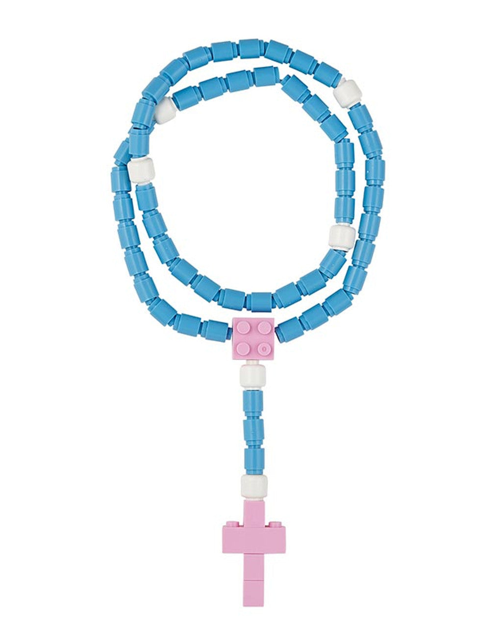 A child-friendly rosary with blue and white beads and a pink centerpiece and cross.