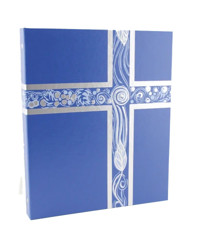 Blue notebook with decorative cross design on a white background