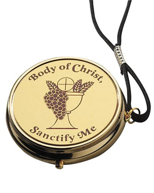 Gold pendant with 'Body of Christ, Sanctify Me' text on a white background