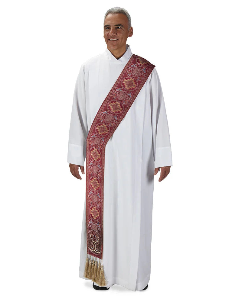 Man wearing a white robe with a red and gold stole on a white background