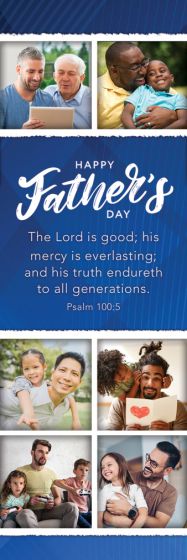 Father's Day card with photos of families and a blue banner with text.