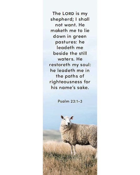 Sheep in a field with a blue sky and Psalm 23:1-3 text on a white background