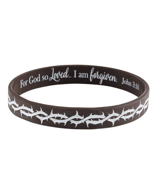 Black wristband with white text and thorn design on a white background