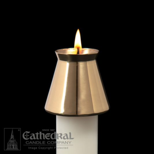 Candle with a metallic holder on a black background, featuring the Cathedral Candle Company logo.