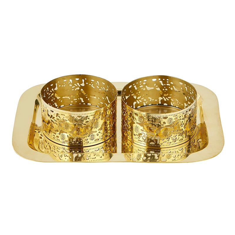Gold decorative tray with two ornate cups on a white background