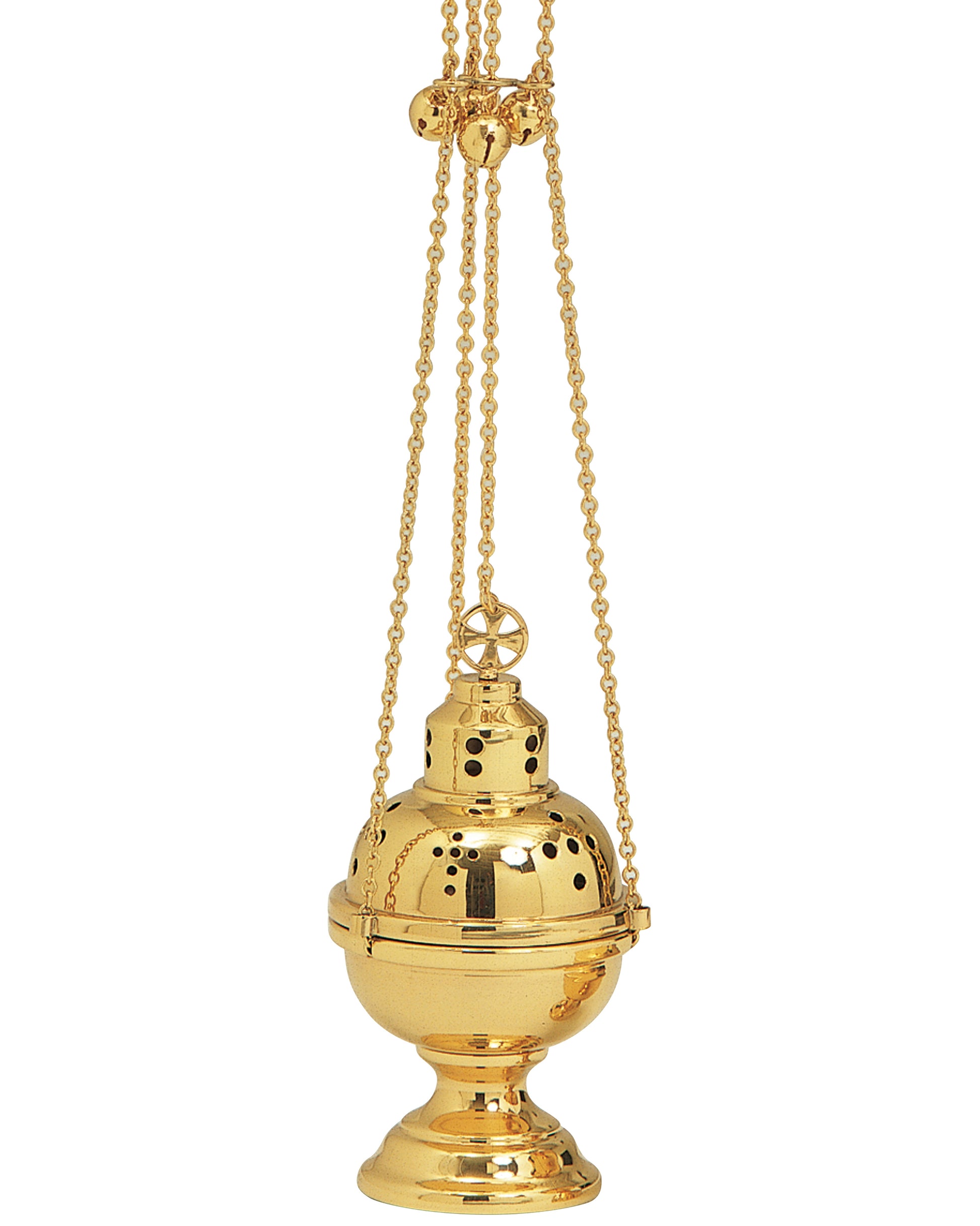 Gold incense burner with chains on a white background