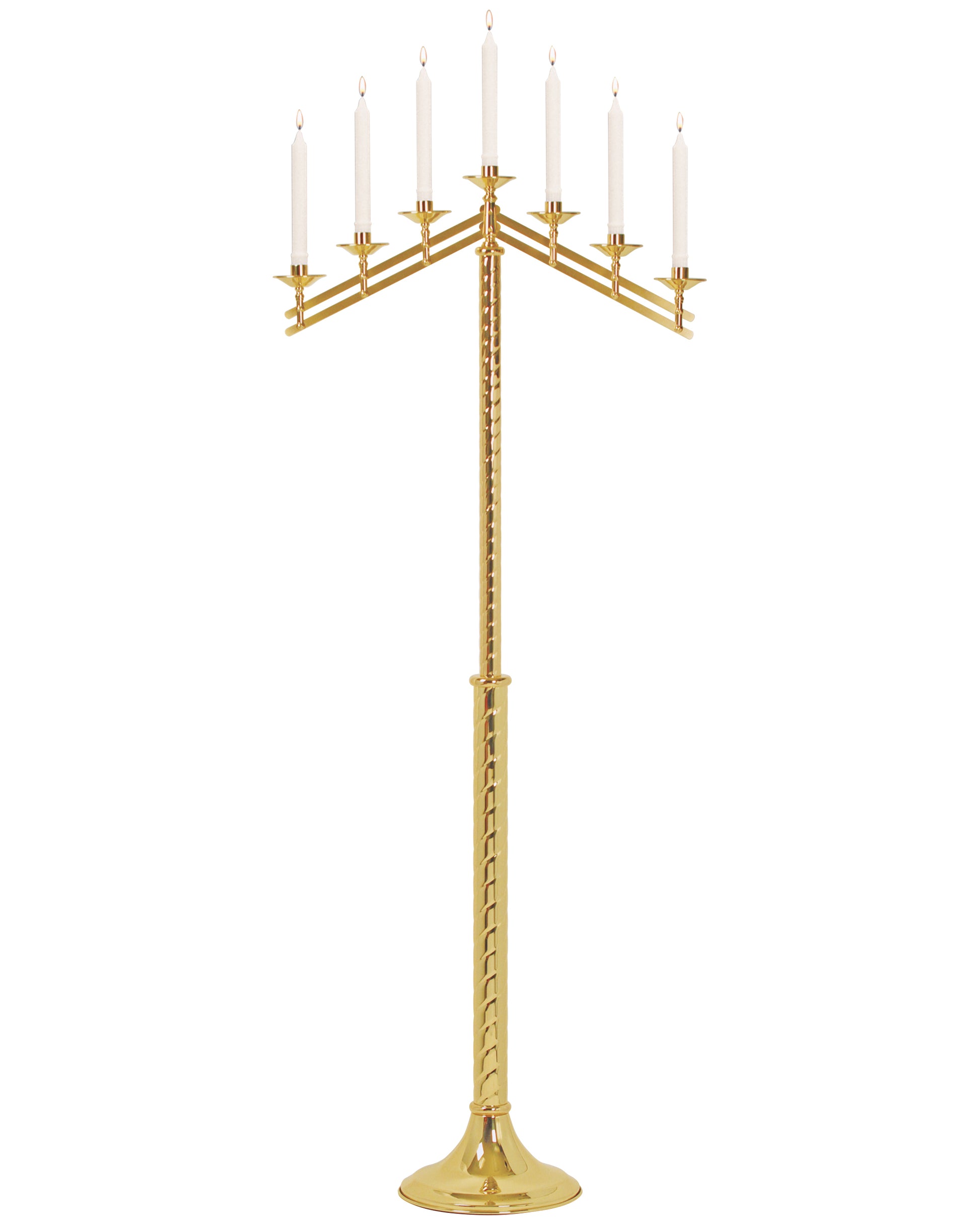 Gold candelabra with six candles on a white background
