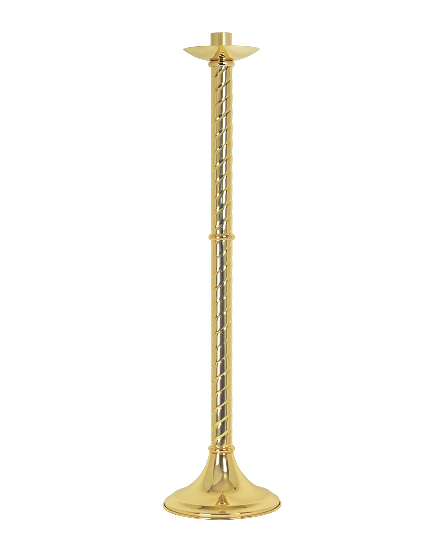 A solid brass paschal candle holder with a twisted design, finishing with a circular holder for the candle.