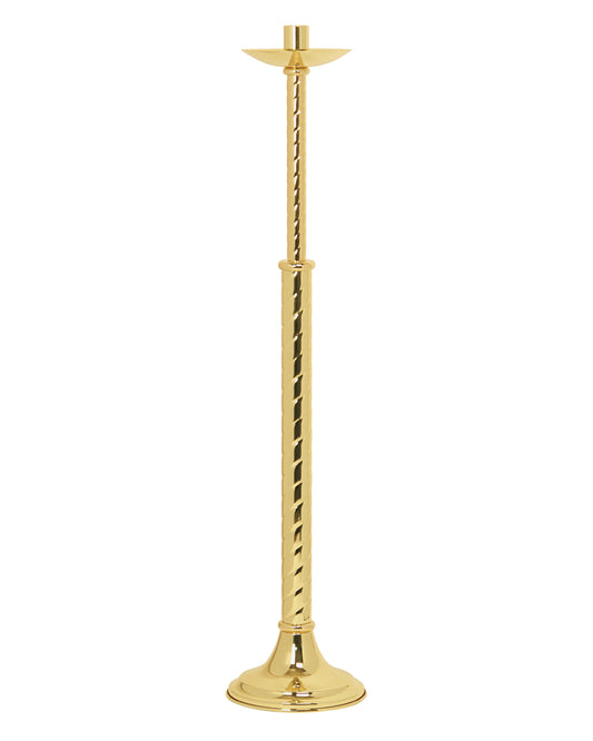 A solid brass processional candle holder with a high polished finish and a clear lacquered coat, depicting a tall cylindrical holder with a smaller candle holder at the top, set on a circular base.